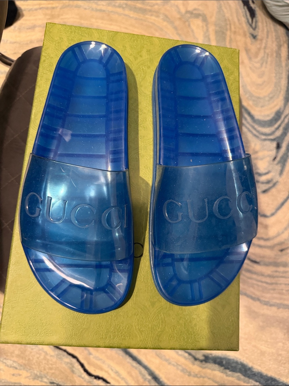 Gucci Blue Transparent men’s Slide Sandals with Logo Strap